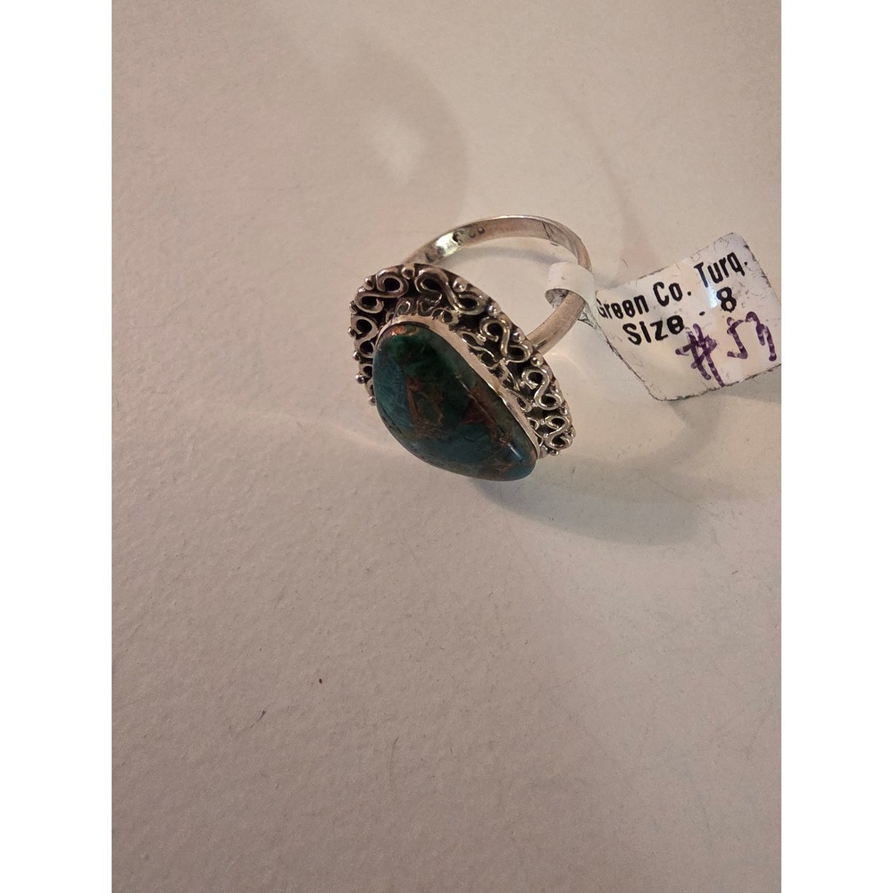 Sterling Silver 925 Green Copper Turquoise Filigree Teardrop Ring Size 8